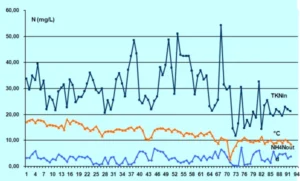 Obr. 5: Odstraňování dusíku při snižující se teplotě odpadní vody v období října až prosince 2012. Tmavě modrá – TN na přítoku (NE TKN!!!); světle modrá – Namon na odtoku; oranžová – teplota odpadní vody.